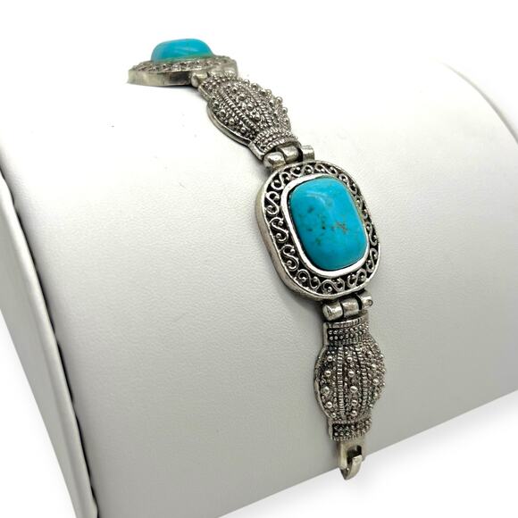 Vintage Balinese Bracelet Turquoise Blue Silver Square Shape Precious Howlite - Picture 9 of 13